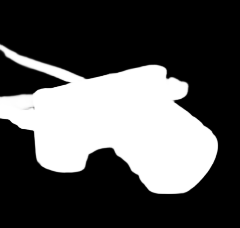 Actual predicted mask: white retains the camera, black removes the background