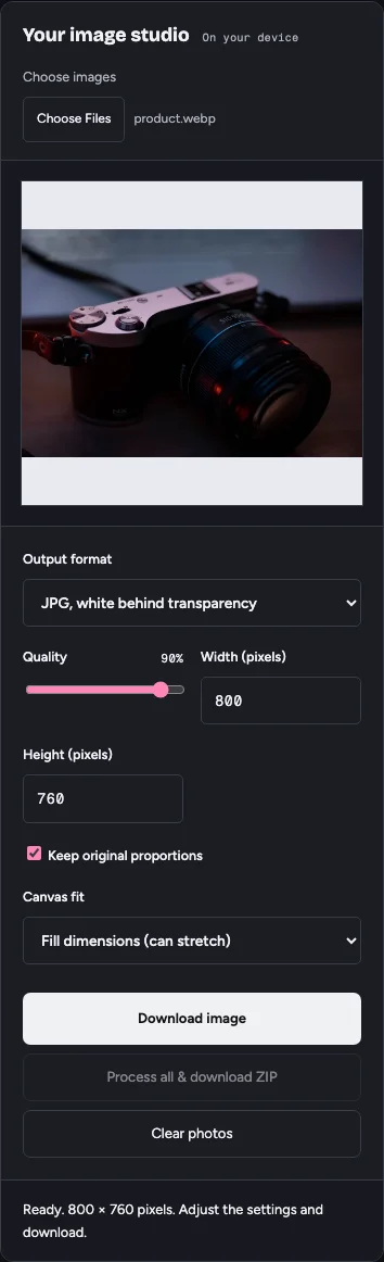 The actual mobile resize studio in dark mode, with controls below a camera preview
